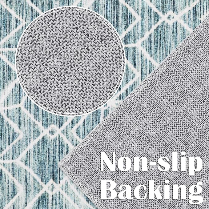 jinchan Moroccan 5x7 Area Rugs for Bedroom - Machine Washable Soft Modern Geometric Stain Resistant Non-Slip Ultra-Thin Low-Pile Faux Wool Carpet for Living Room Kitchen Dining Room (5x7ft, Teal Blue)