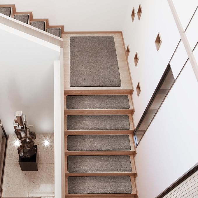 PURE ERA Carpet Stair Treads Ultra Plush 8" X 30" Soft Indoor Stair Protectors Pet-Friendly Non-Slip Skid Resistant Tape Free Washable Reusable(2 Pieces, Brown)