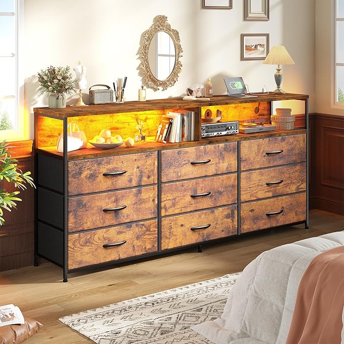 55" W Dresser for Bedroom with 9 Drawers, LED TV Stand with Power Outlets for 45, 55, 65 Inch TV, Sturdy Long Chest of Drawers with Extra 2 Wooden Shelves, Rustic Brown