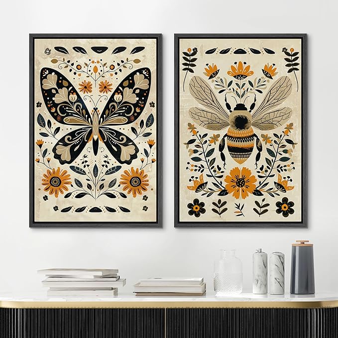 MUDECOR Framed Canvas Print Wall Art Set Butterfly Animals Botanical Bee llustrations Modern Art Decorative Bohemian Calm/Zen for Living Room, Bedroom, Office - 24"x36"x2 Black