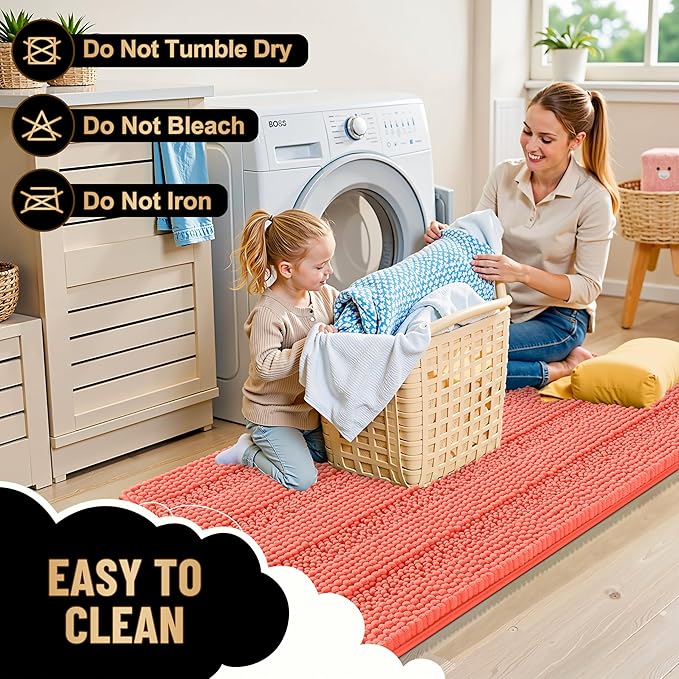 OLANLY Thick Bathroom Rugs 24x16, Extra Soft Absorbent Chenille Striped Bath Rugs, Rubber Backing, Machine Wash Dry, Bath Mats for Bathroom Floor, Tub and Shower, Home Decor Accessories, Coral