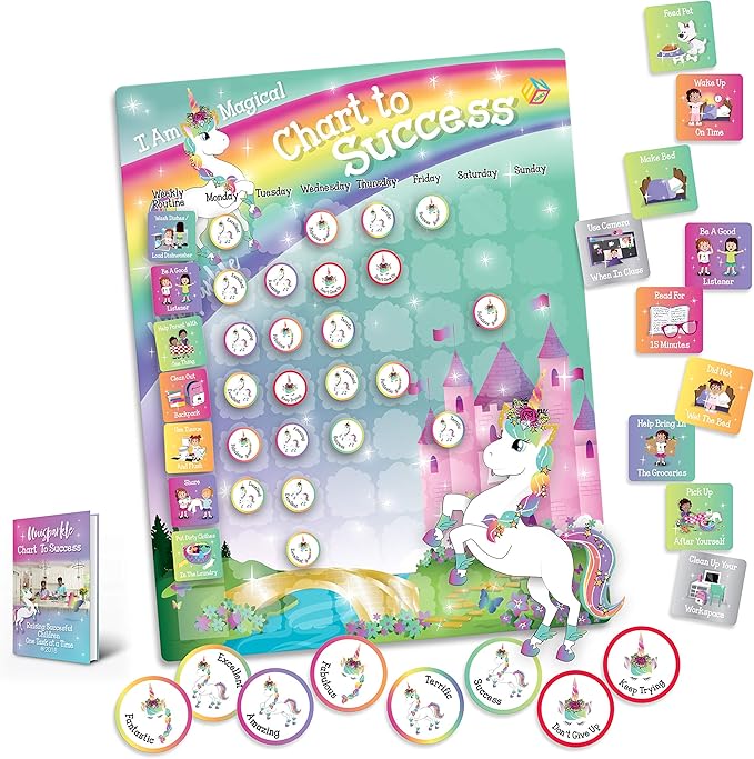 Unicorn Chart to Success| Magnetic Dry Erase| Daily Routine Responsibility Chore Chart for Kids| 80 Reward Tiles| 70 Tasks, Including Behavior and Self-Care| Fun Design for Girls| Raising a Star