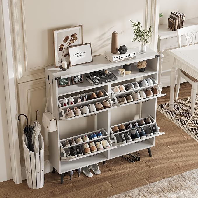 Shoe Cabinet with 4 Flip Drawers,Farmhouse Shoe Storage Cabinet for Entryway,Narrow Freestanding Organizer Rack with Open Shelves for Foyer,Hallway,White