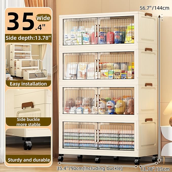 479QT 35.4'' Wide Stackable Storage Bins with Lid,4-Tier Large Foldable Plastic Drawer Storage with Wheels,Closet Organizers and Storage for Living Room, Office, Dorm