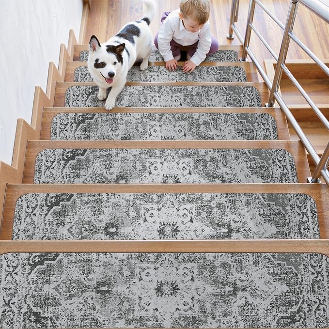 OJIA Stair Treads Non Slip Stair Runners for Wooden Steps Indoor, 15PCS 8"x30" Rubber Backing Carpet Treads for Wood Stairs Staircase Step Treads for Kids & Dogs, Stair Covers Safety Mats