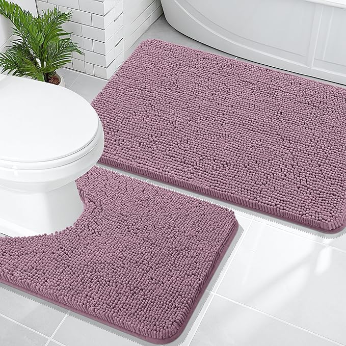 OLANLY Bathroom Rugs Sets 2 Piece, Soft Absorbent Chenille Bath Mats and U-Shaped Contour Toilet Mat Area Rug Set, Machine Washable Bath Carpet, Home Decor Accessories(36"x24"+24"x20", Deep Plum)