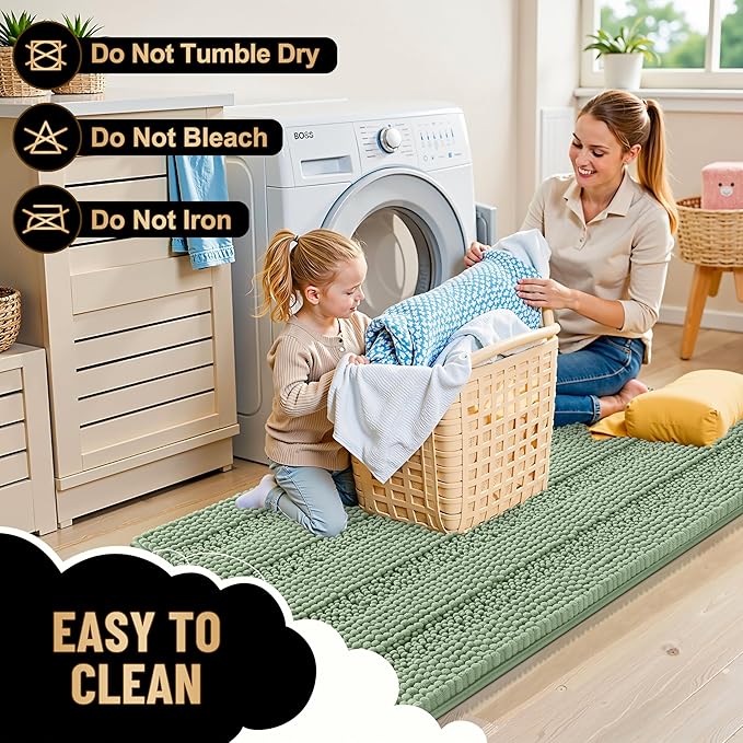 OLANLY Thick Bathroom Rugs 47x20, Extra Soft Absorbent Chenille Striped Bath Rugs, Rubber Backing, Machine Wash Dry, Bath Mats for Bathroom Floor, Tub and Shower, Home Decor Accessories, Sage Green