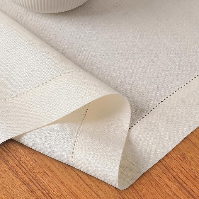 D'Moksha Homes Linen Ivory Table Runner 144 Inches Long - 100% Pure Linen Extra Long Table Runner 14 x 144 Inch for Valentines, Spring, Easter - Classic Hemstitch
