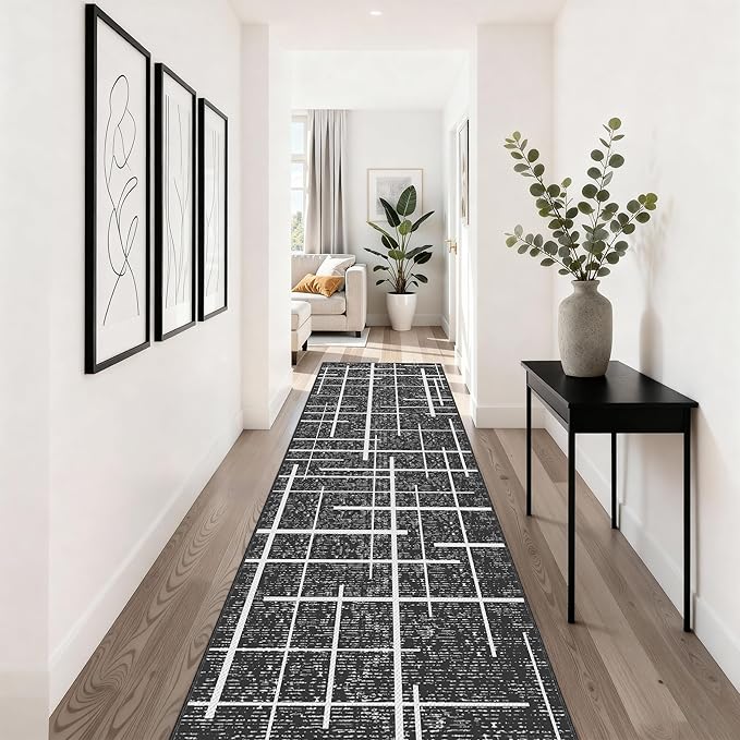 Non Slip Hallway Runner Rug 2x10, Gray Modern Distressed Stripe, Washable Long Rug, Woven Thin Low Pile Carpet Runners for Hallway 10ft Entryway, Kitchen, Walkway- Gray