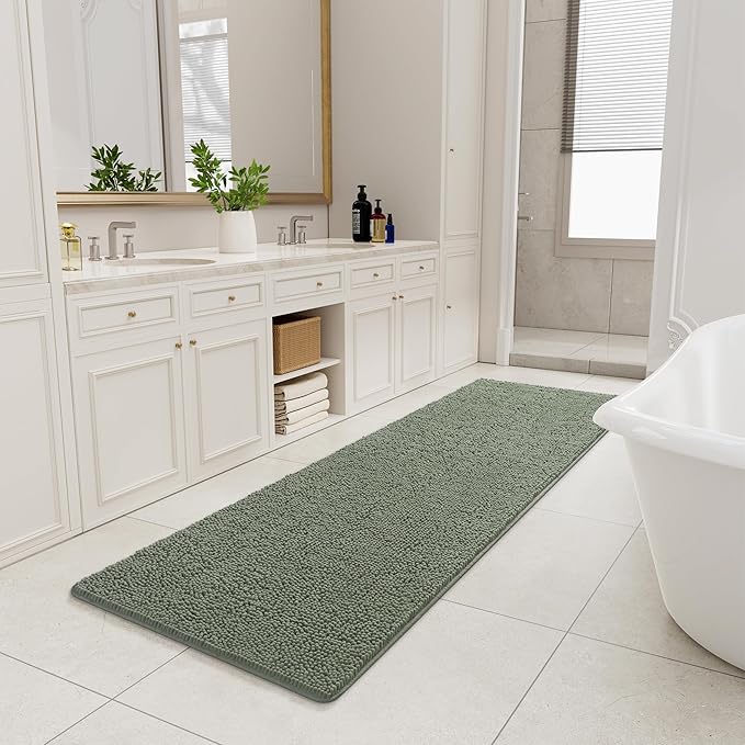 LOCHAS Luxury Bathroom Rug Shaggy Bath Mat 24 x 80 Inch, Washable Non Slip Bath Rugs for Bathroom Shower, Soft Plush Chenille Absorbent Carpets Mats, Sage Green
