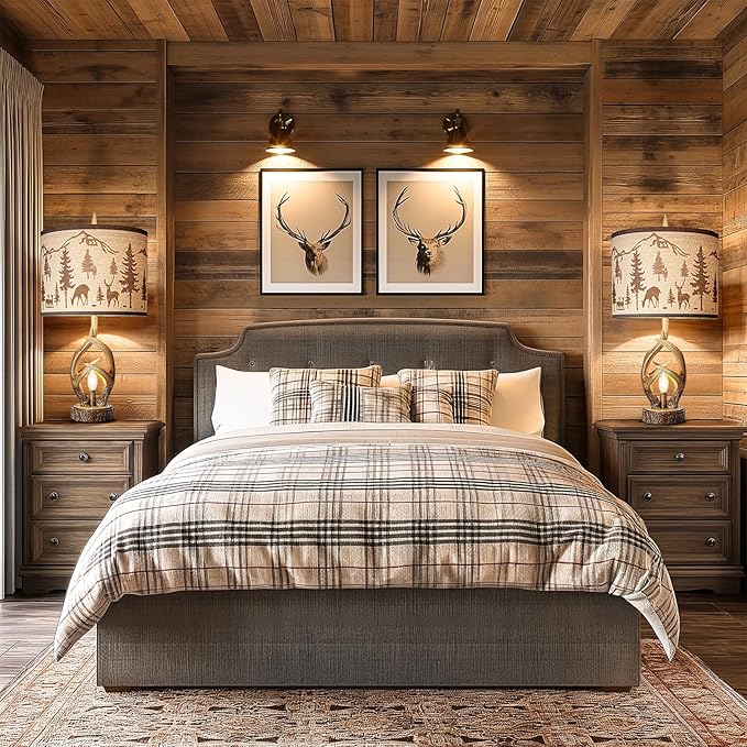 Scenekoy Antlers Style Table Lamp Set of 2 Rustic Bedside Lamp with Night Light Linen Fabric Shade Farmhouse Nightstand Lamps Decor for Living Room Bedroom House Home Office (Bulb Included)