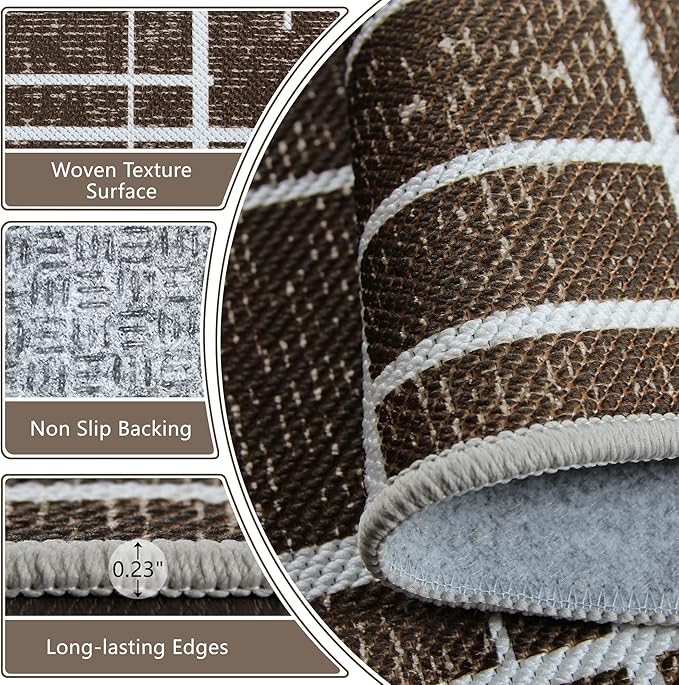Washable Runner Rug 2x6, Brown Modern Distressed Stripe, Kitchen Runner Rug Non Slip, Woven Thin No Shed Runners for Entryway, Kitchen, Laundry Room- Brown