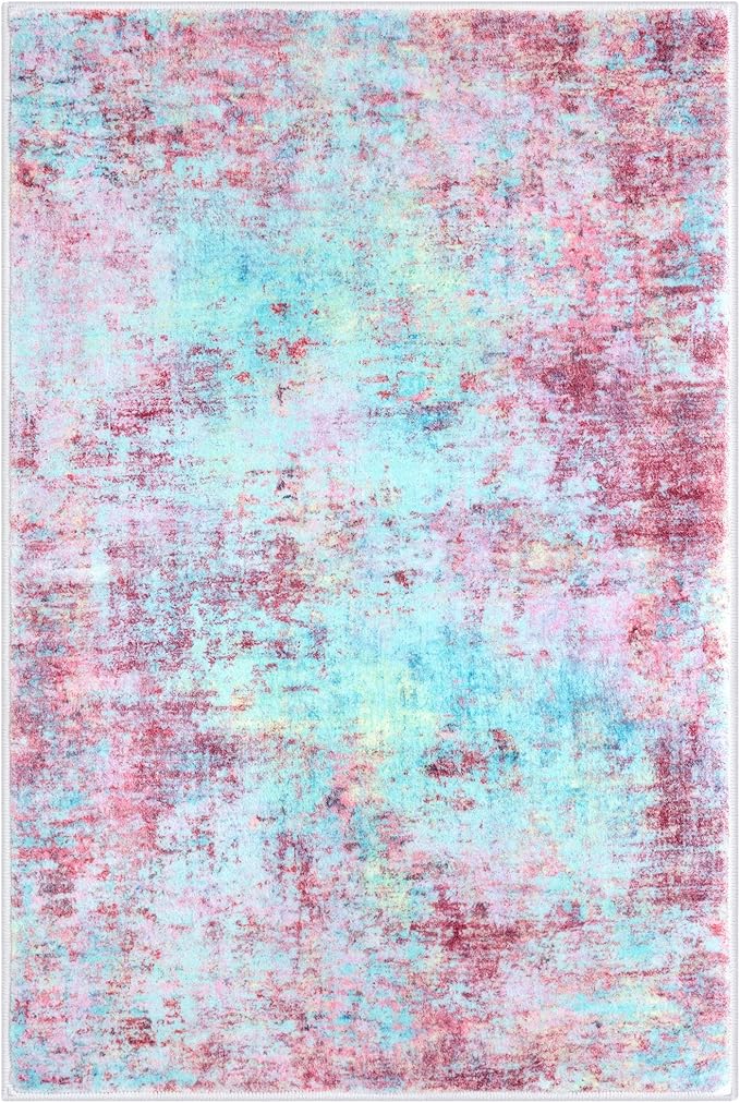 Modern Abstract 2x3 Girls Room Rug, Machine Washable Blush Pink Sky Blue Small Area Rug Thin Kitchen Mat Non-Slip, Print Faux Wool Soft Floor Carpet for Girl Women's Bedroom Entryway Bedside