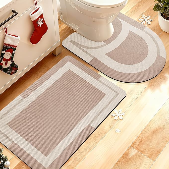 Ultra Thin Bath Mat, Upgrade Non Slip Thin Bath Mats Fit Under Door, Quick Dry Ultra Absorbent Bathroom Rugs, Machine Washable Bath Rugs for Bathroom, Taupe/Bordered/24"x17"+ 24"x20" Contour Rug