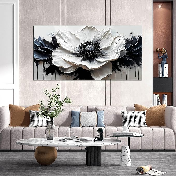 Flower Canvas Wall Decor Living Room - Black and White Pictures Wall Art for Bedroom Women - Fashion Art Wall Decor Office Size 24" x 48"