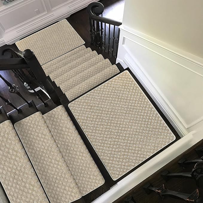 PURE ERA Bullnose Carpet Stair Treads Tape Free Non-Slip Indoor Stair Protectors Pet Friendly Stair Treads for Wooden Steps 9.5" x 30"(14 Pieces,Cream Gray Mini-Diamond Trellis)