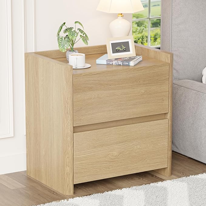 Nightstand with 2 Storage Drawer, Modern End Table for Bedroom with Cut-Out Handle, Large Night Stands for Bedroom, Home Office, Set of 1, Oak