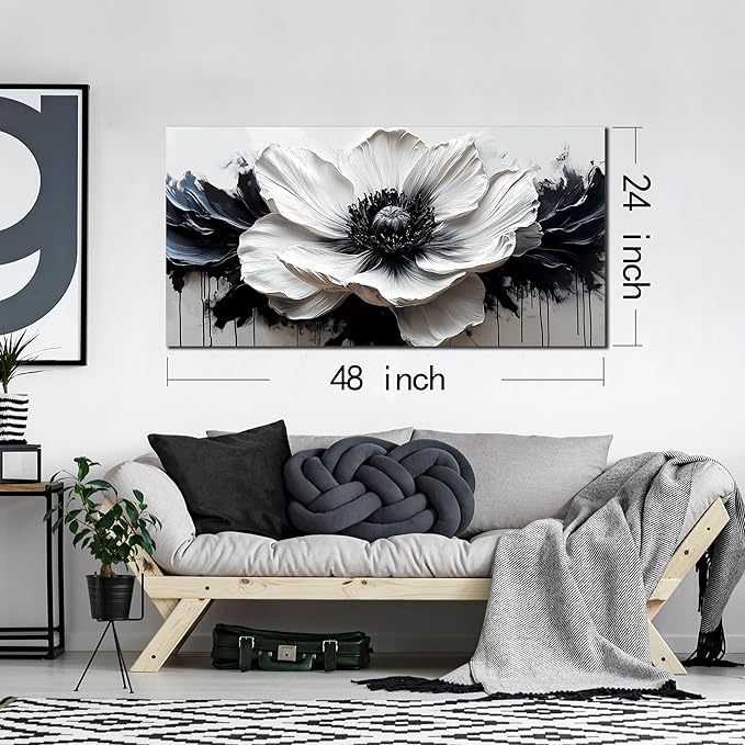 Flower Canvas Wall Decor Living Room - Black and White Pictures Wall Art for Bedroom Women - Fashion Art Wall Decor Office Size 24" x 48"
