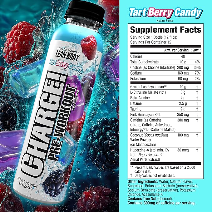 LABRADA Charge Pre Workout Tart Berry Candy RTD Drink – Pump, Energy, Endurance Formula with 10g Glycerol, 6g L-Citrulline Malate, 4g Beta Alanine, 300mg Caffeine, + Complete Hydration Support, 12 Serving