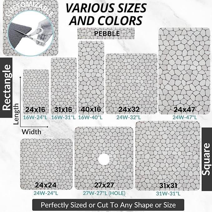Enkosi Loofah Non-Slip Shower Mat - Shower Floors, Bathtub, Bathrooms, Wet Areas - Cushioned Bath Mat with Drain Holes - Quick Dry PVC, Secure Safety Pad Without Suction Cups (32x24 Pebble)