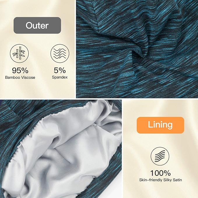 Silk Satin Lined Bonnet Sleep Cap - Adjustable Stay on All Night Hair Wrap Cover Slouchy Beanie for Curly Hair Protection for Women and Men - Heather Lake Blue