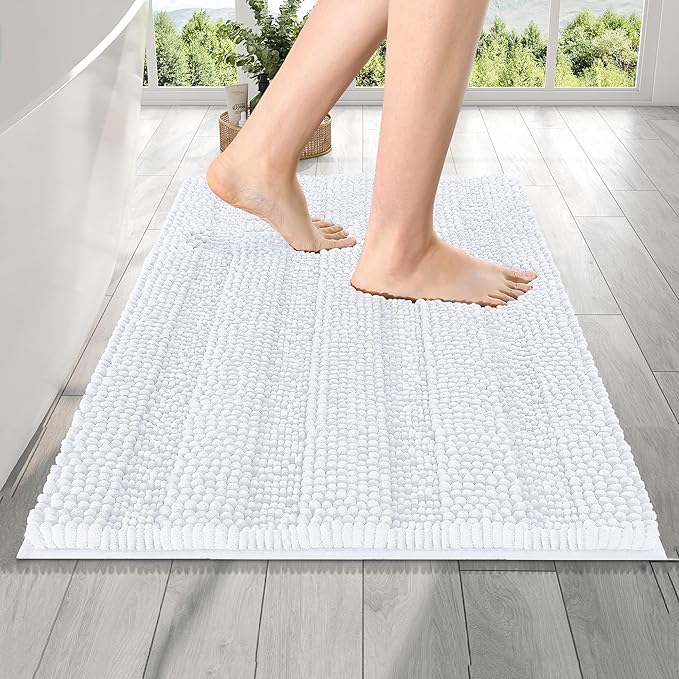 OLANLY Thick Bathroom Rugs 24x16, Extra Soft Absorbent Chenille Striped Bath Rugs, Rubber Backing, Machine Wash Dry, Bath Mats for Bathroom Floor, Tub and Shower, Home Decor Accessories, White