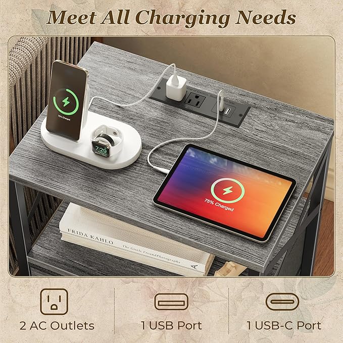 Huuger Nightstands Set of 2, Night Stand with Charger Station, 2 Drawer Side Table with Open Shelf, USB-C Port, End Table for Small Spaces, X Shaped Side Rail, Grey