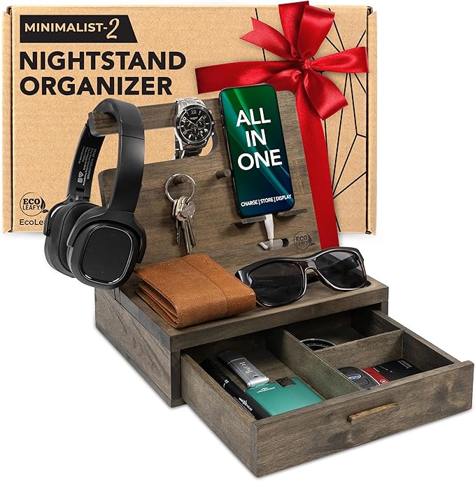 Nightstand Organizer for Men- Bedside Table Organizer with Drawer for Cellphone, Watches, Sunglasses & Accessories- Makes an Ideal Gift for Dad or Son (Rustic)