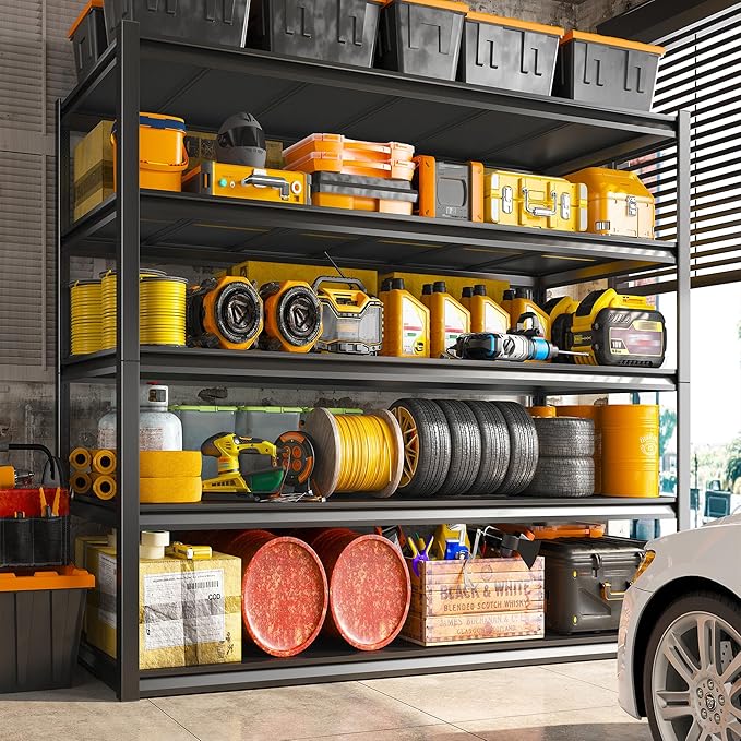 REIBII Garage Shelving 48.2" W Storage Shelves 3000LBS Metal Shelving Heavy Duty Adjustable Metal Shelf 5 Tier Pantry Shelves for Basement Warehouse Supermarket 72.2" H x 24.2" D x 48.2" W, 4 Pac