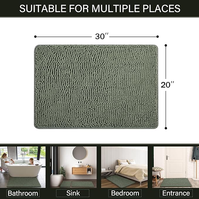 LOCHAS Luxury Bathroom Rug Shaggy Bath Mat 20 x 30 Inch, Washable Non Slip Bath Rugs for Bathroom Shower, Soft Plush Chenille Absorbent Carpets Mats, Sage Green