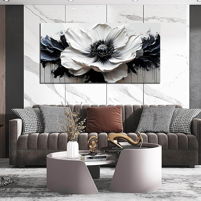 Flower Canvas Wall Decor Living Room - Black and White Pictures Wall Art for Bedroom Women - Fashion Art Wall Decor Office Size 24" x 48"