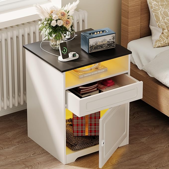 Night Stand with Charging Station,Fingerprint Lock Bedside Table with Drawers,Farmhouse End Table and Nightstand,Small Side Table for Bedroom,Living Room (White-with Fingerprint Lock, 1-Pcs)