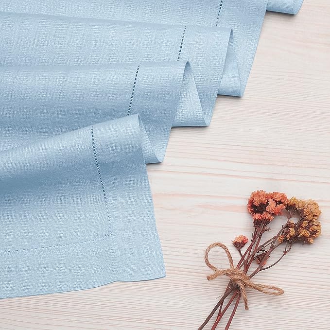 D'Moksha Homes Linen Powder Blue Table Runner 108 Inches Long - 100% Pure Linen 14 x 108 Inch Table Runner for Spring, Easter - Classic Hemstitch