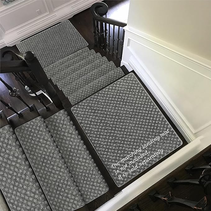 PURE ERA Bullnose Carpet Stair Treads Set Tape Free Non-Slip Indoor Stair Protectors Pet Friendly Rugs9.5" x 30"(14 Pieces,Grey Mini-Diamond Trellis)