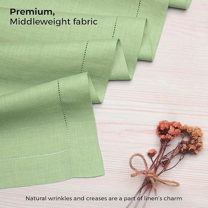 D'Moksha Homes Linen Sage Green Table Runner 120 Inches Long - 100% Pure Linen Hemstitch 14 x 120 Inch Table Runner for Dining, Spring, St Patricks Day, Easter - Classic Hemstitch