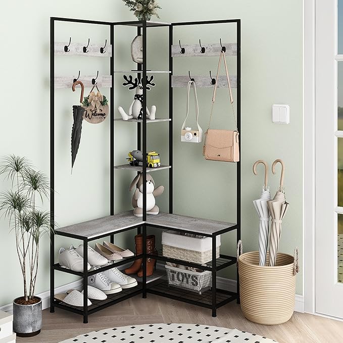 GiftGo Corner Hall Tree with Shoe Rack Storage Bench Display Open Shelves Modern Industrial Entryway Coat Rack Stand for Home Living Room Mudroom Bedroom Multifuncitonal 5 in 1 (Greige)