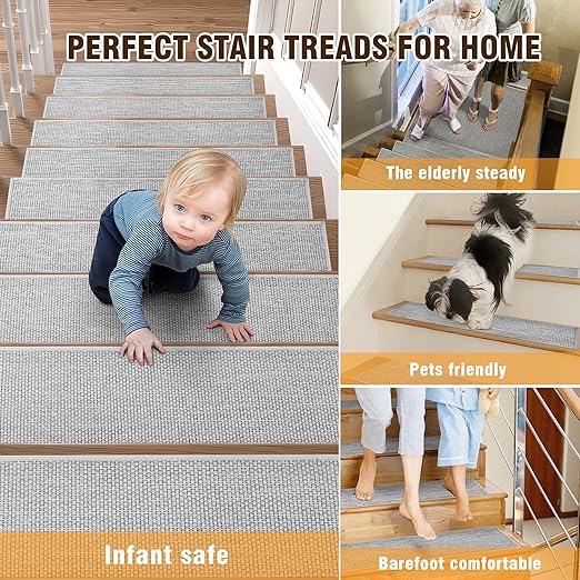 Deerly Linen Stair Treads Non Slip 10pcs Comfortable Stair Runner for Wooden Steps Peel and Stick Stairs Carpet Treads Indoor Staircase Covers Mat with Self-Adhesive Backing for Pets Kids 8"X30" Grey