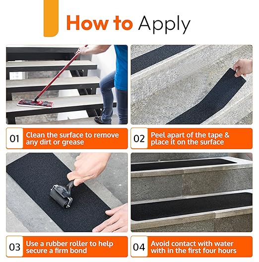 Stair Treads Non Slip for Wooden Steps Indoor and Outdoor - Grip Tape for Stairs Concrete Steps (Works on All Surfaces & Weather), Waterproof Anti Slip Tape, Strong Non Skid Tapes 6” X 24” (5-Pack)