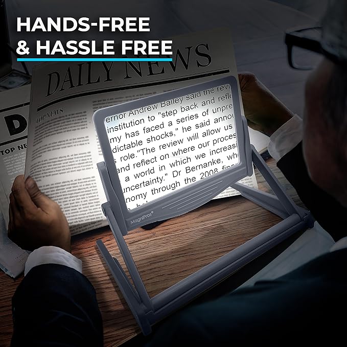 MAGNIPROS Patented 5X Large LED Page Magnifier with Detachable Stand | Eye Caring 3 Color Light Modes & Anti-Glare Lens to Reduce Eye Strain-Ideal for Reading Fine Print, Crafting, Low Vision Seniors