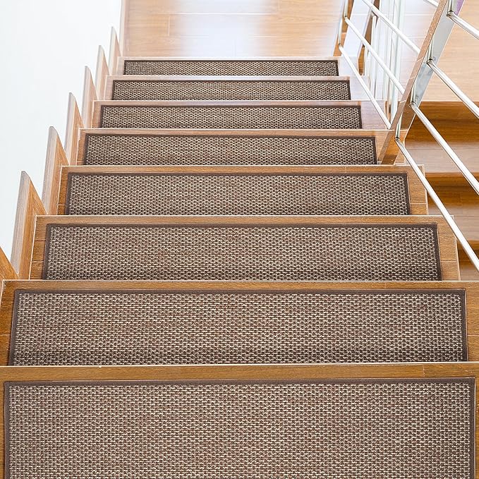Non Slip Stair Treads for Wooden Stairs Indoor,8" x 30" Staircase Step Treads,100% Linen,Reusable Adhesive,for Kids,Seniors& Dogs(Brown,15 pcs)