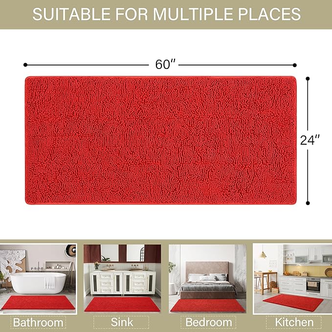 LOCHAS Luxury Bathroom Rug Shaggy Bath Mat 24 x 60 Inch, Washable Non Slip Bath Rugs for Bathroom Shower, Soft Plush Chenille Absorbent Carpets Mats, Red