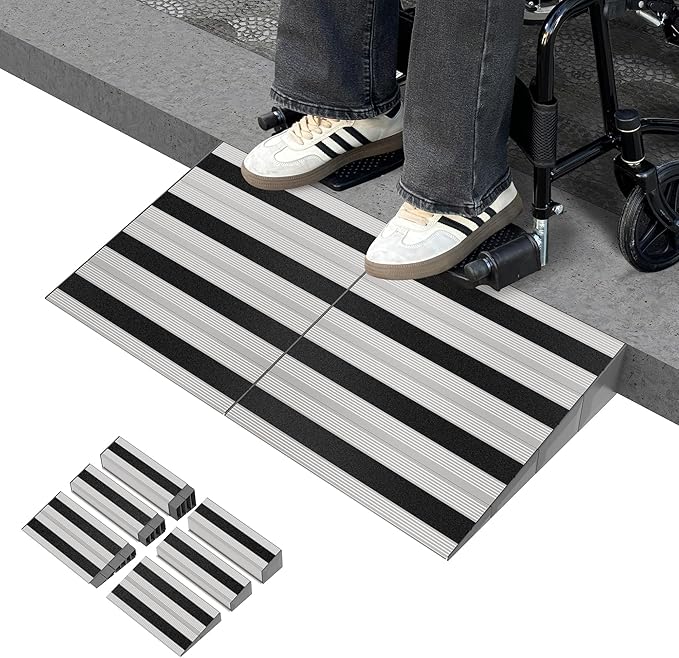 4" Rise Modular Threshold Ramp for Doorways, Stable Wheelchair Ramp for Home Steps, Aluminum Door Ramp and Curb Ramp for Scooters, Power Chairs, Cars, 1100LBS Load Capacity