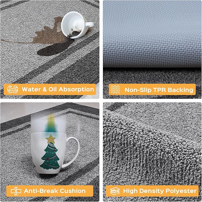 Kitchen Rugs Set (24" x 36"+24" x 60"), Non-Slip Machine Washable Kitchen Runner Rugs Floor Mats, Absorbent Comfort Standing Mat for Kitchen, Sink and Hallway, Rolled Packaging, Light Grey & Dark Grey