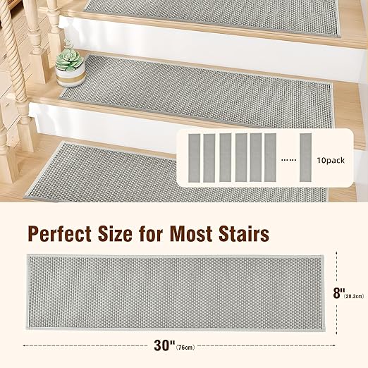 Chenille Stair Treads Non Slip 10pcs Comfortable Stair Runner for Wooden Steps Rubber Backing Stairs Carpet Treads Indoor Staircase Covers Mat with Rubber Backing for Pets Kids 8"X30" Grey