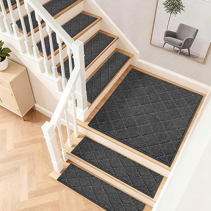 COSY HOMEER Edging Stair Treads Non-Slip Corner Indoor Stair Runners for Wooden Steps,Landing Slip Resistant Stair Rugs Mat for Kids and Dogs,100% Polyester TPE Backing,Black,30x30 inch