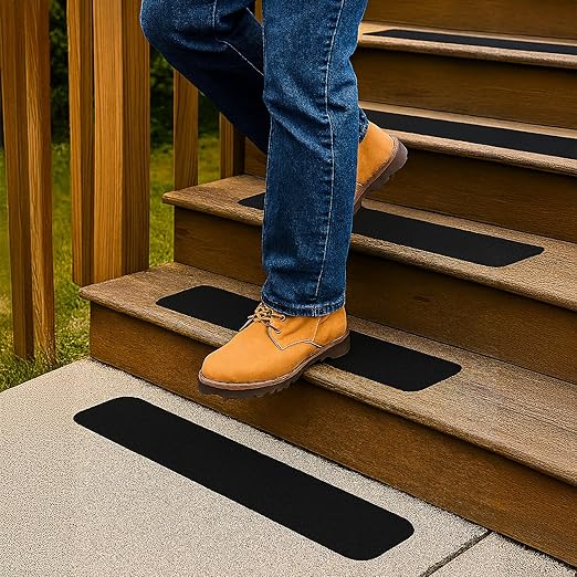 S&X Outdoor Stair Treads for Wooden Steps - 12-Pack, Black, 4” x 24” Pre-Cut Anti Slip Tape Non-Slip Strips for Stairs, Steps, Decks, and Boats - High Grip, Waterproof, Non-Skid Safety Guard