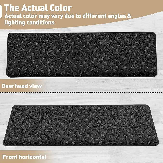PURE ERA Bullnose Carpet Stair Treads Tape Free Non-Slip Indoor Stair Protectors Pet Friendly Stair Treads for Wooden Steps 9.5" x 30"(14 Pieces,Black Mini-Diamond Trellis)