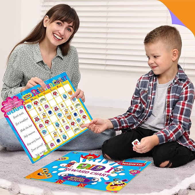 Magnetic Daily Chore Chart, Dry Erase Task Board-One Chart & 80 Jelly Stickers, Behavior Reward Chart System Monster-Themed Behavior Tracker for Kids’ Daily Routine, Potty Training