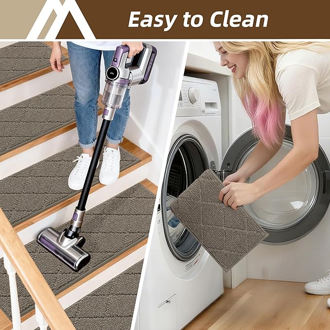 COSY HOMEER Stair Treads for Wooden Steps 9"x28" Washable Indoor Carpet Stair Treads Non Slip Soft Polyester Stair Carpet Tread Reusable Stair Runner Rugs for Kids, Elders,Pets,Light Brown,4pcs