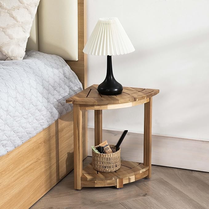 Acacia Wood Corner Shower Stool - Waterproof Triangular Bathroom Bench with Storage Shelf & Soap Dish for Shaving, Light Natural Wood (17.9x12.7x16.5)